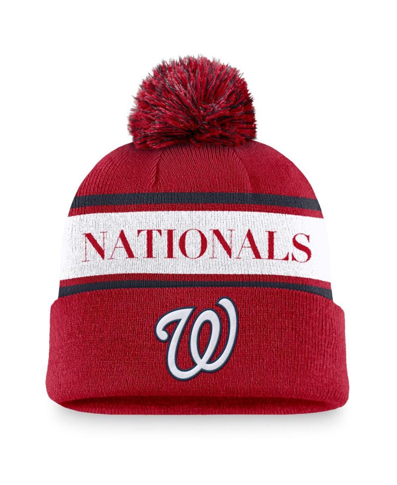 Men's Red Washington Nationals Team Stripe Peak Cuffed Knit Hat with Pom