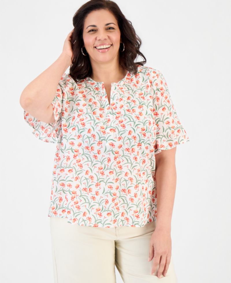 Petite Printed Cotton Split-Neck Popover Top