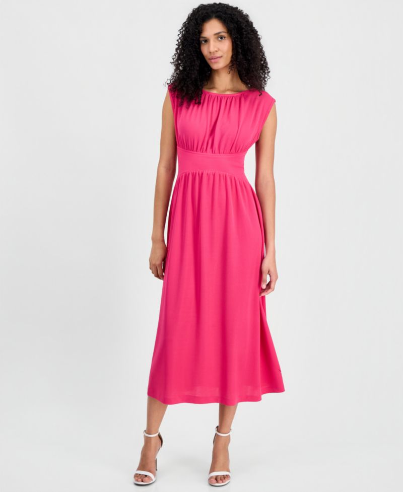 Women's Boat-Neck Shirred Midi Dress