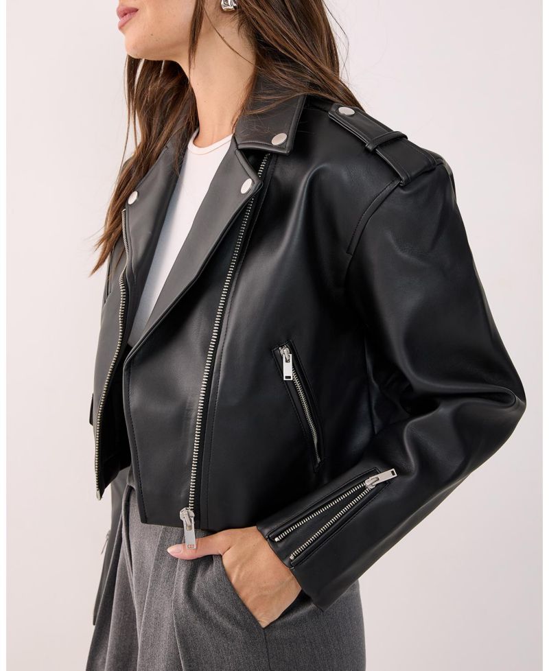 Women's Faux Leather Boxy Biker Jacket