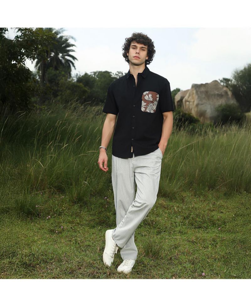 Men's Chocolate Brown & Obsidian Black Flora-Block Shirt