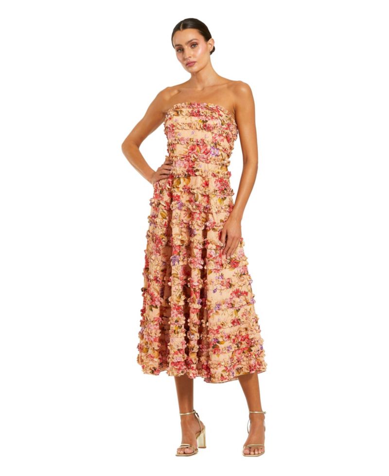 Women's Pink Ruffle Strapless Ankle Cotton Dress