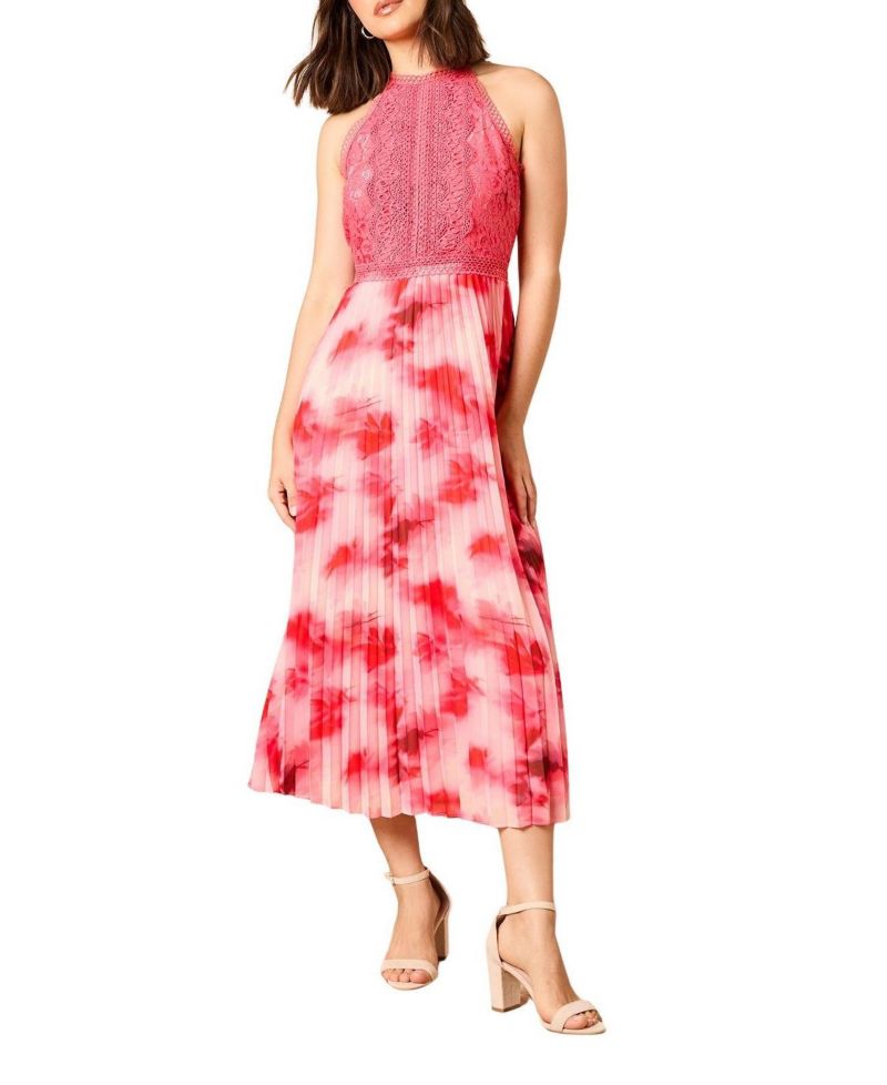 Women's Printed Lace Mix Halterneck Midi Dress