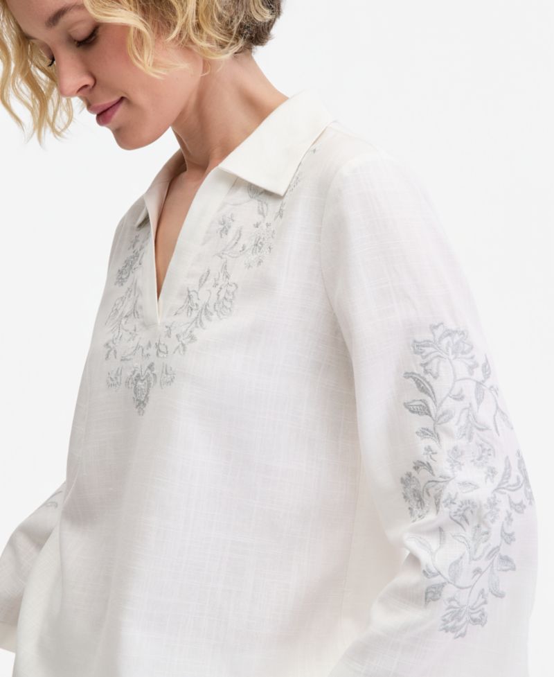 Women's Collared Embroidered Linen-Blend 3/4-Sleeve Top