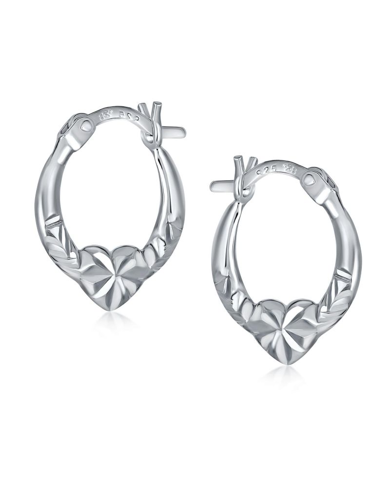 Romantic Sparkling Diamond-Cut Heart Hoop Earrings 925 Sterling Silver .50"