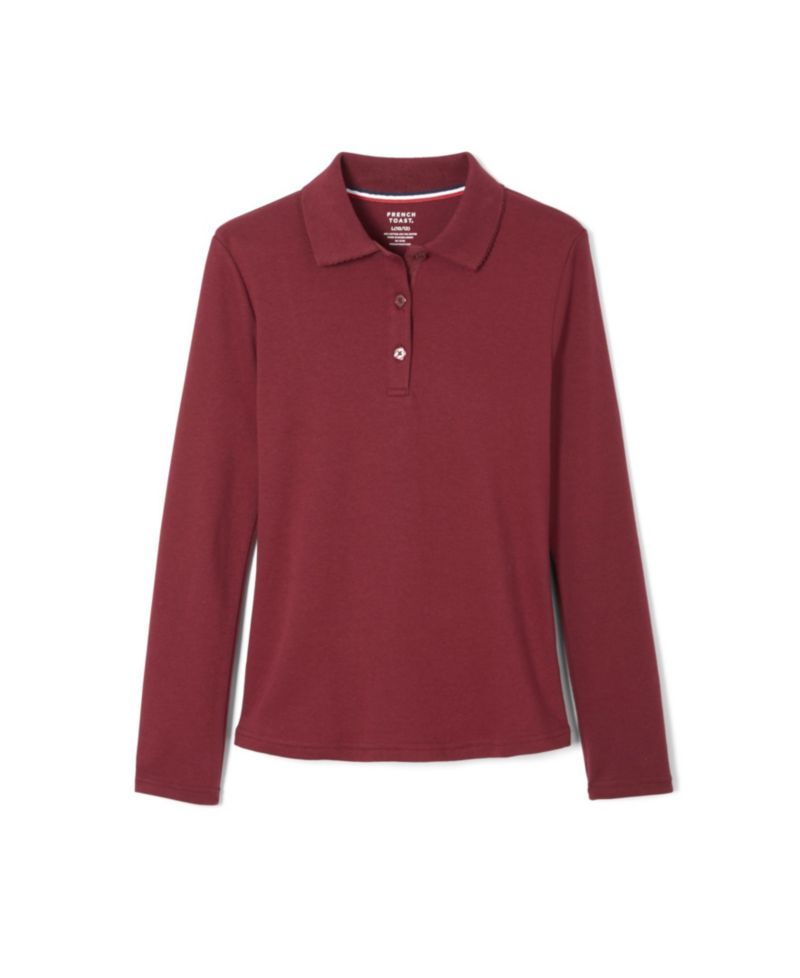 Little Girls Uniform Long Sleeve Interlock Knit Polo with Picot Collar