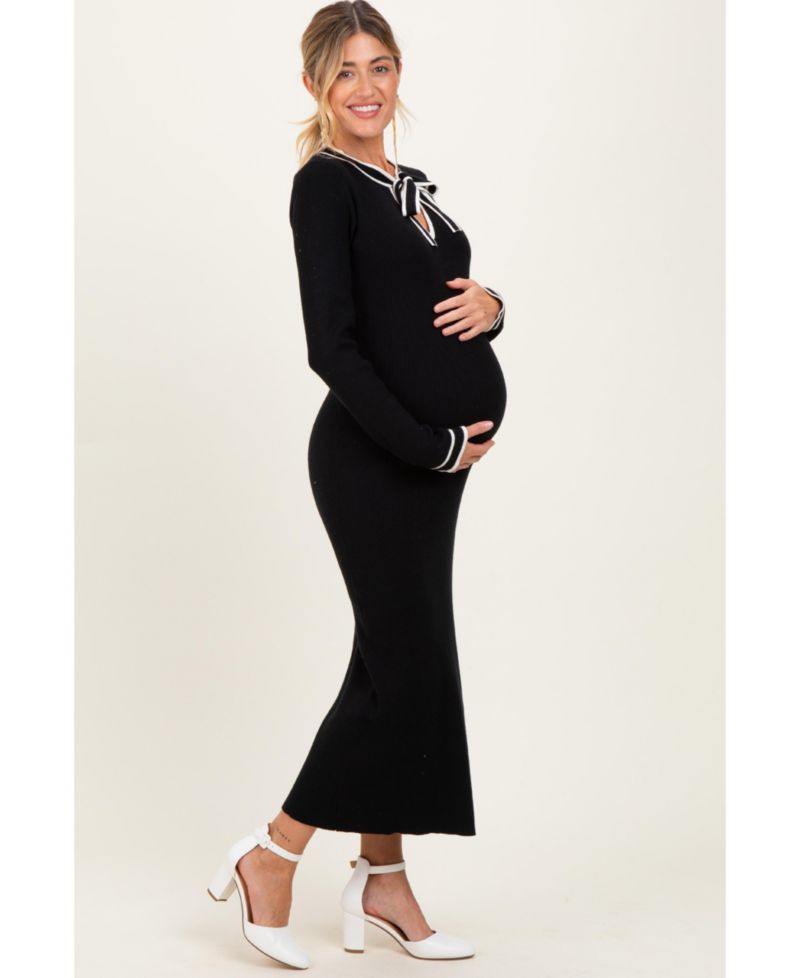 Maternity Black Tie Neck Sweater Midi Dress