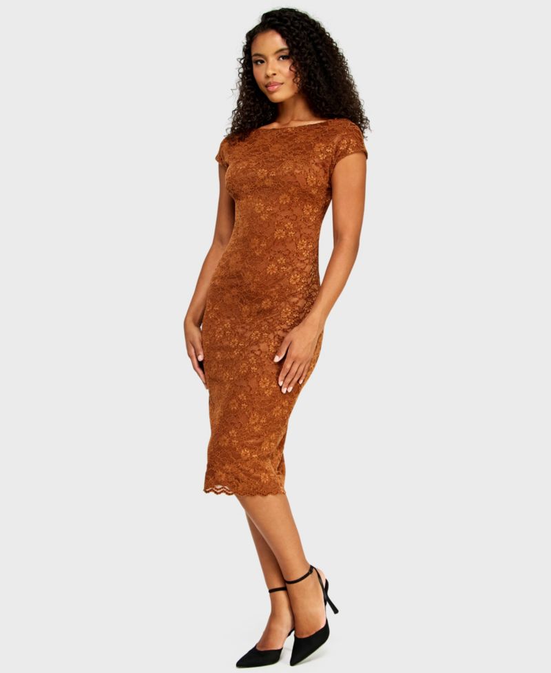 Juniors' Boat Neck Chenille Lace Midi Dress