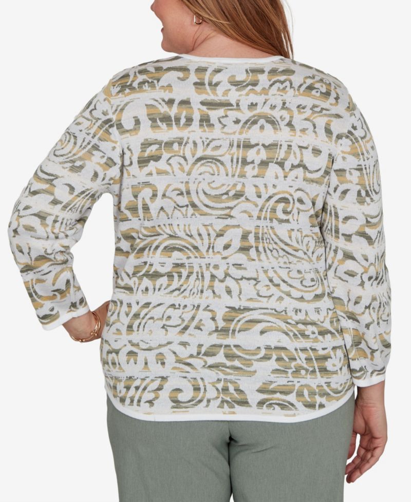 Plus Size Provence 3/4-Sleeve Crewneck Paisley-Stripe Spacedye Sweater