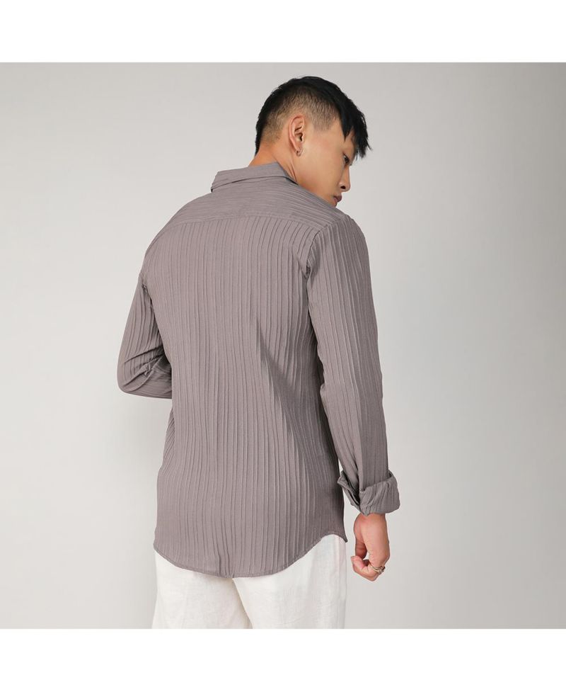 Men's Ash Grey Self-Design Striped Shirt