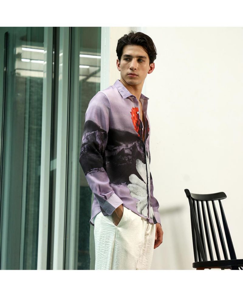 Men's Purple Floral Printed Shirt With Spread Collar