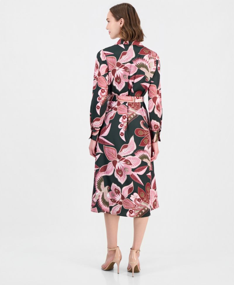 Women's Floral Long-Sleeve Fit-and-Flare Midi Dress