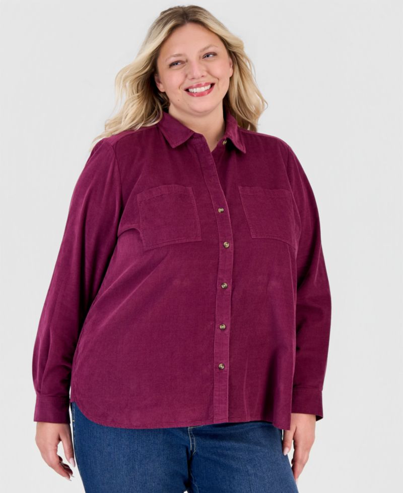 Plus Size Long-Sleeve Corduroy Overshirt