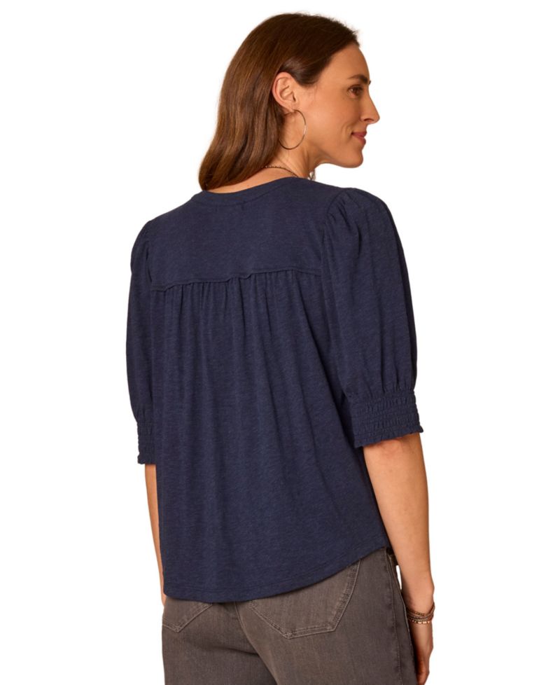 Petite Mandarin Collar Blouson-Sleeve Knit Top