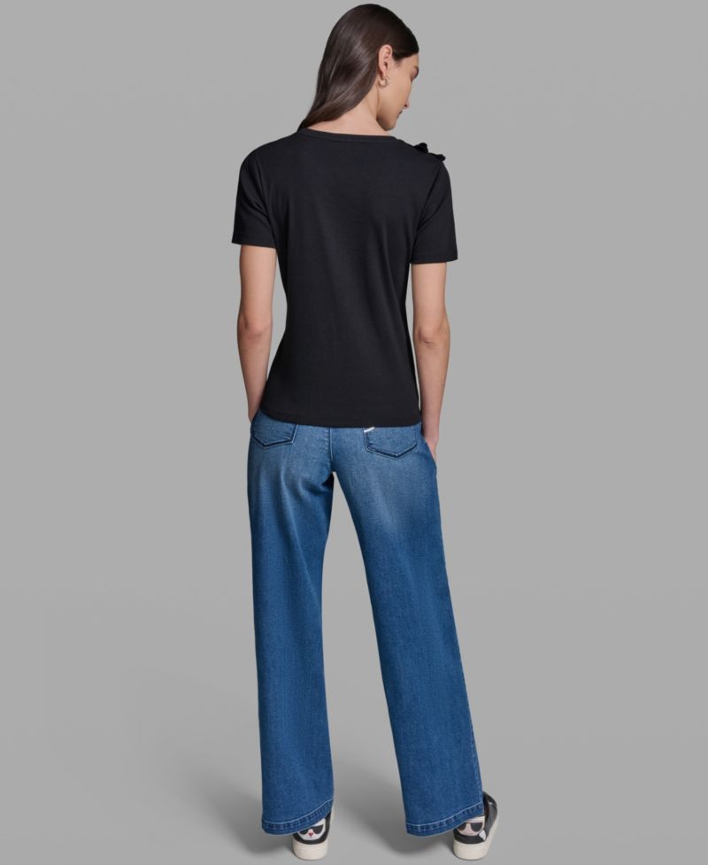 Petite Floral Applique Short-Sleeve Rib Knit Top