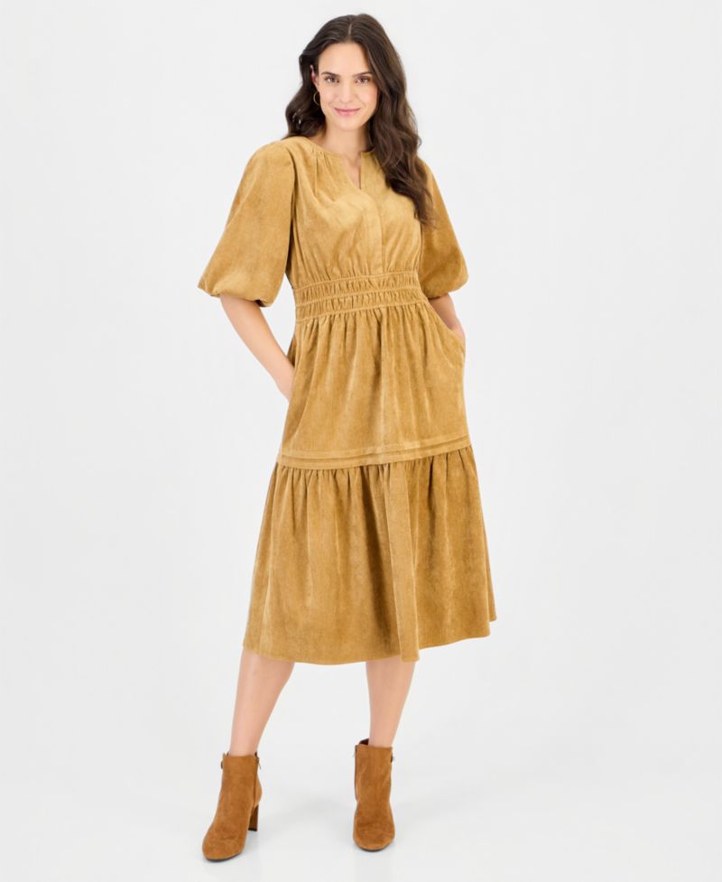 Women's Corduroy Smocked-Waist Tiered Dress