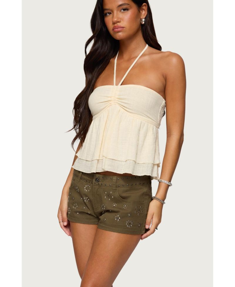 Womens Layered Linen Look Babydoll Halter Top