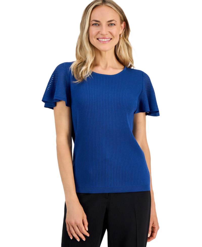 Petite Crewneck Flutter-Sleeve Rib-Knit Sweater