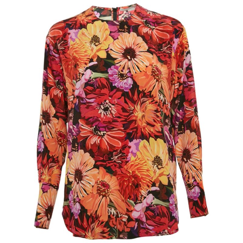 Women's Red Poppy Print Silk Long Sleeve Blouse