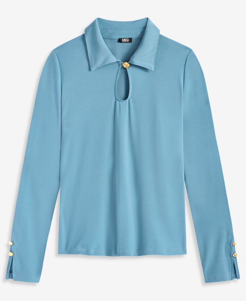 Women's Long-Sleeve Collared Keyhole Blouse