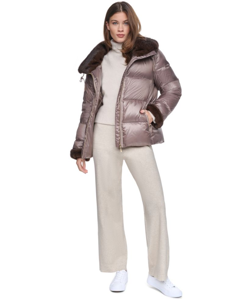 Women's Short Faux Fur Cuffs and Collar Puffer