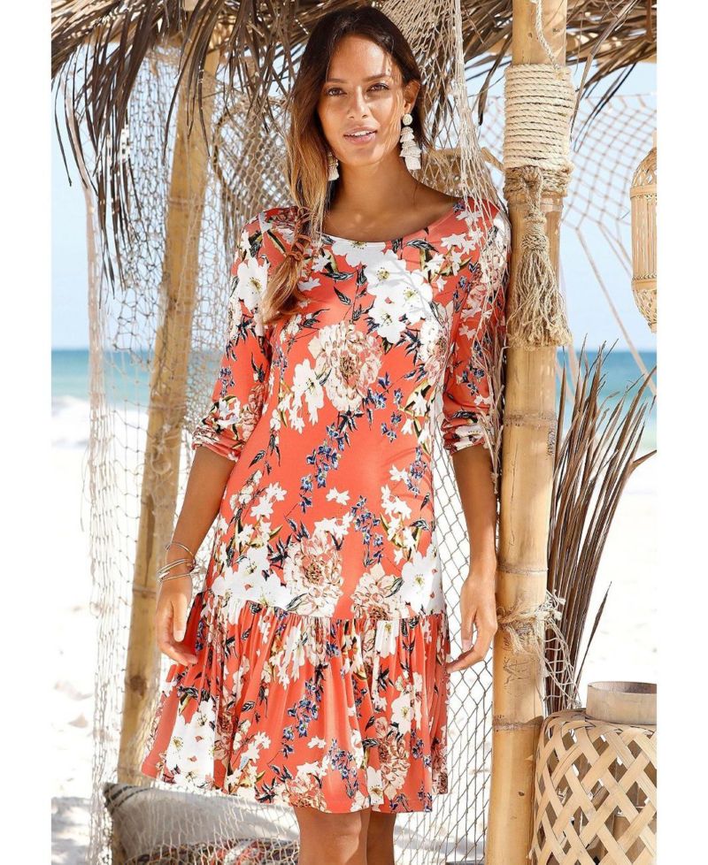 Women's Viscose Floral Print Drop Waist Ruffle-Trim Short Dress