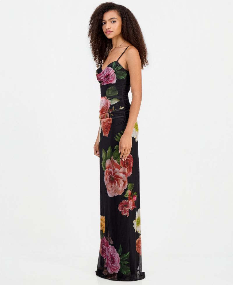 Juniors' Cowl Neck Floral Mesh Sleeveless Gown