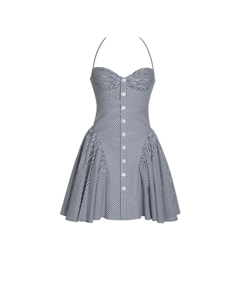 Women Melody Navy Blue Railroad Stripe Halter Drop Waist Mini Dress