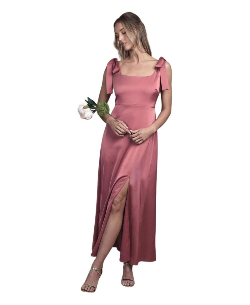 Women's Satin Midi Tie Shoulder Bridesmaid Dress