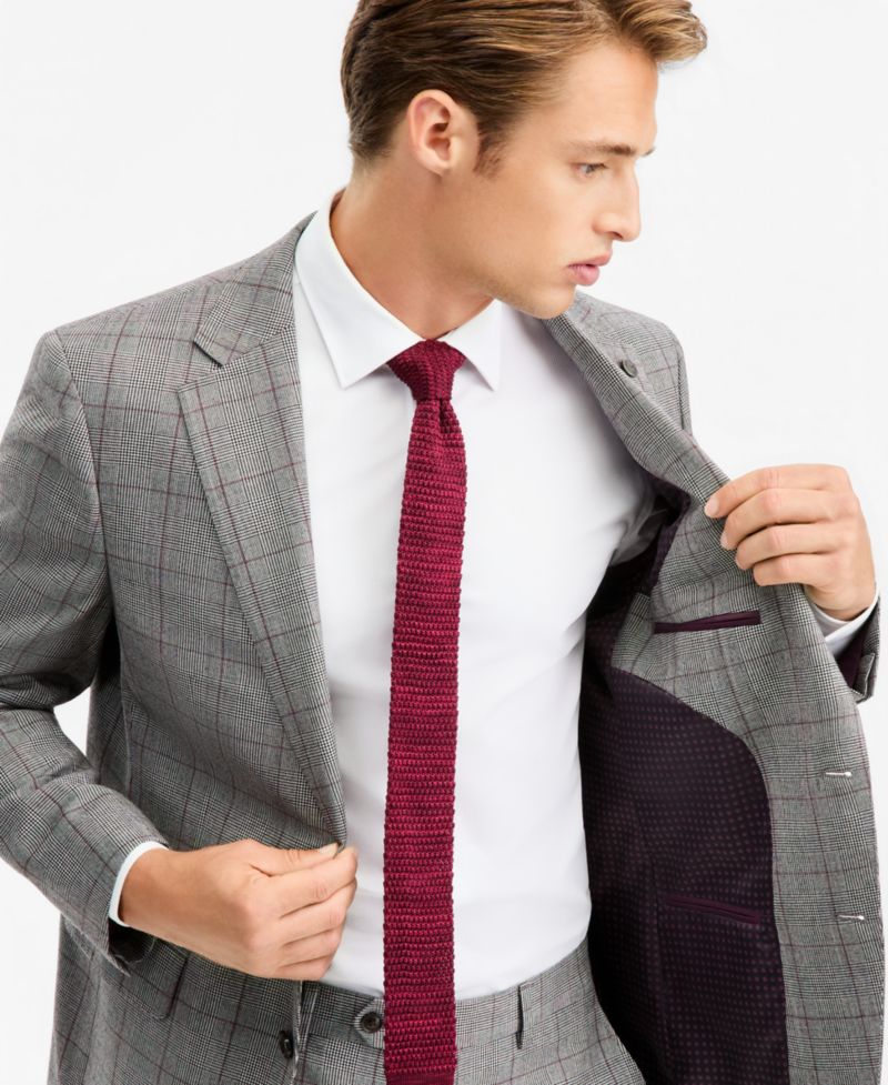 Men's Modern-Fit Gray & Wine Plaid Suit Separate Jacket