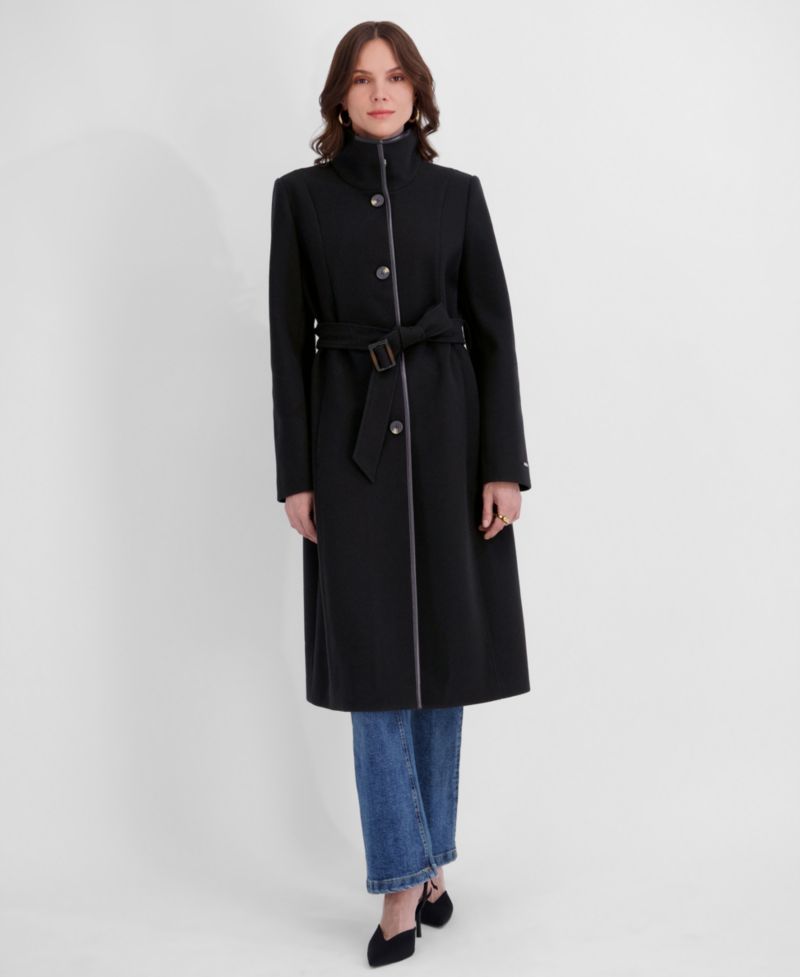 Women's Belted Faux-Leather Trimmed Funnel Neck Coat