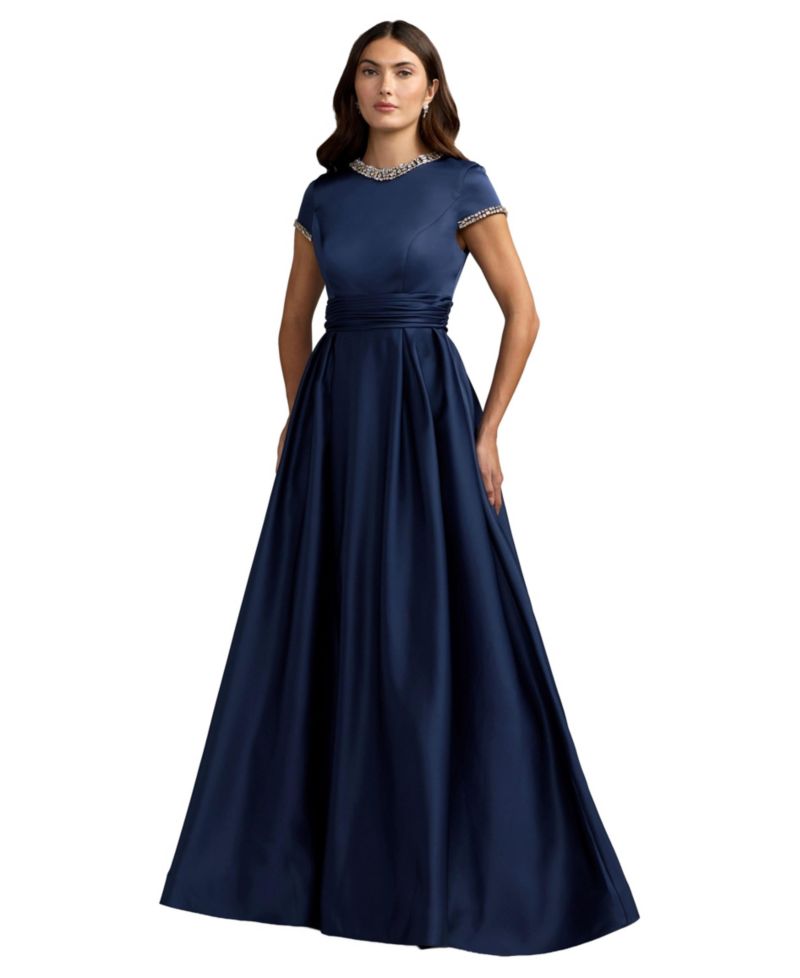 Women's Embellished Satin Cap Sleeve Ball Gown
