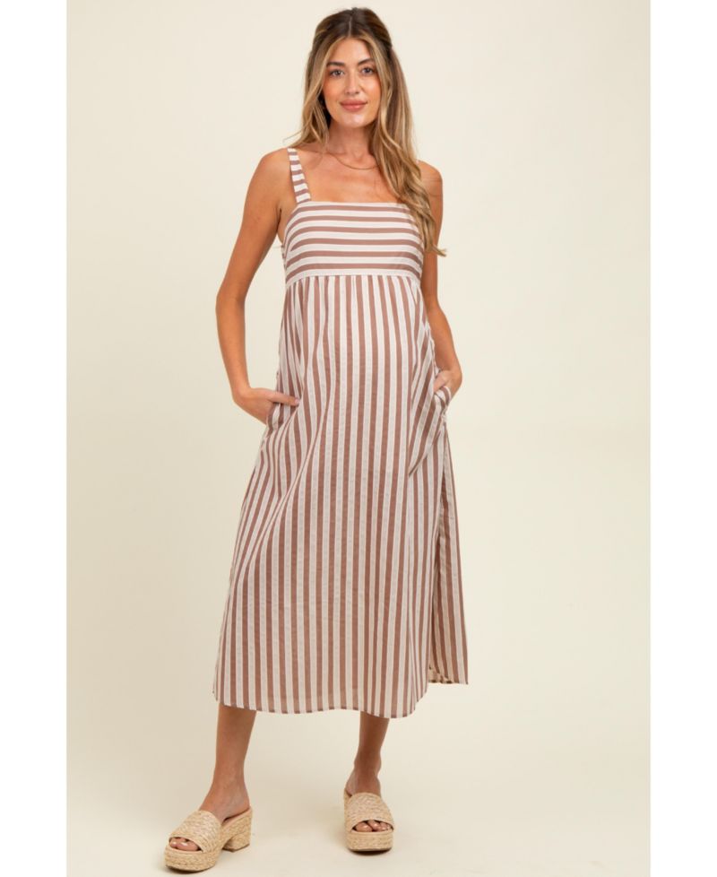 Women's Mocha Striped Sleeveless Midi Dress