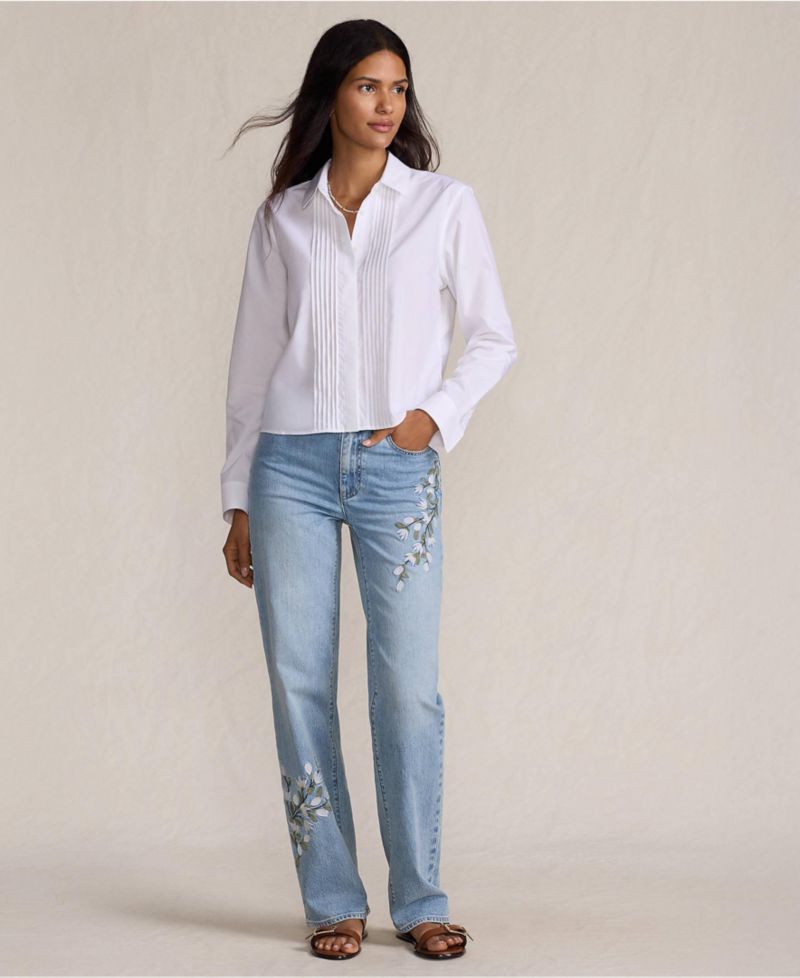 Women's Tall Soft Denim Mid Rise Relaxed Straight Leg Embroidered Jeans