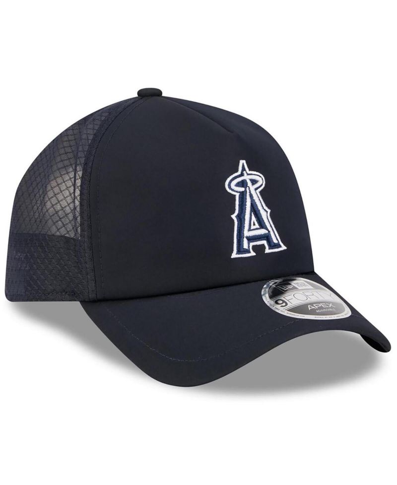Men's Navy Los Angeles Angels 2026 Batting Practice Apex 9FORTY Adjustable Trucker Hat
