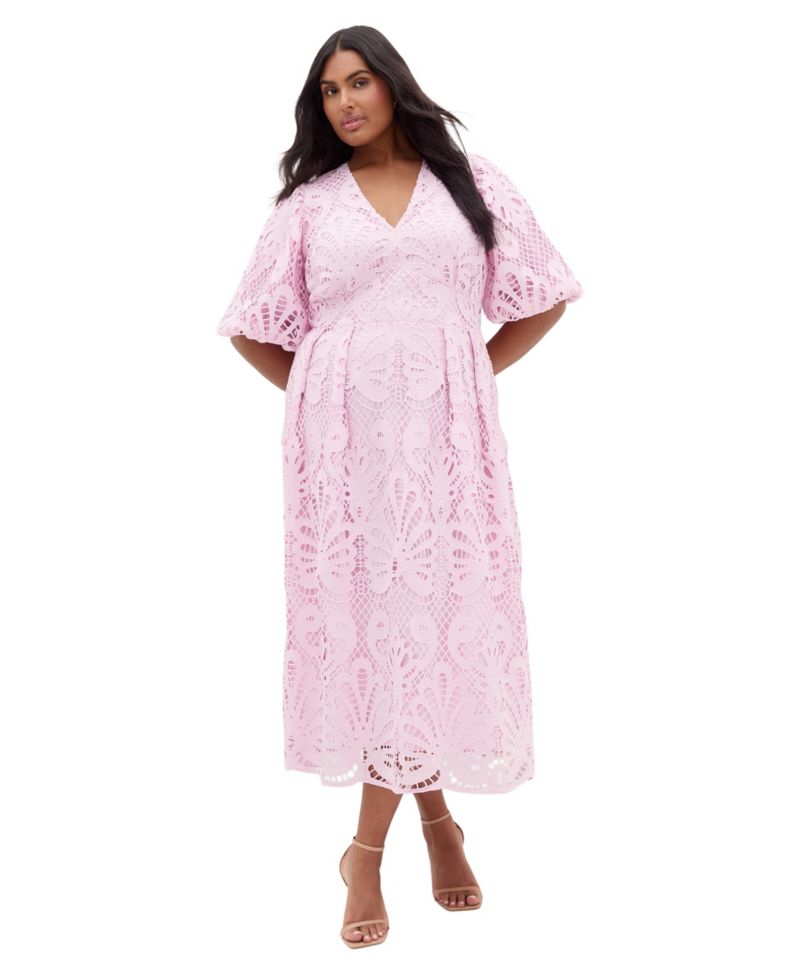 Plus Size Kylee V-Neck Balloon-Sleeve Embroidered-Lace Midi Dress