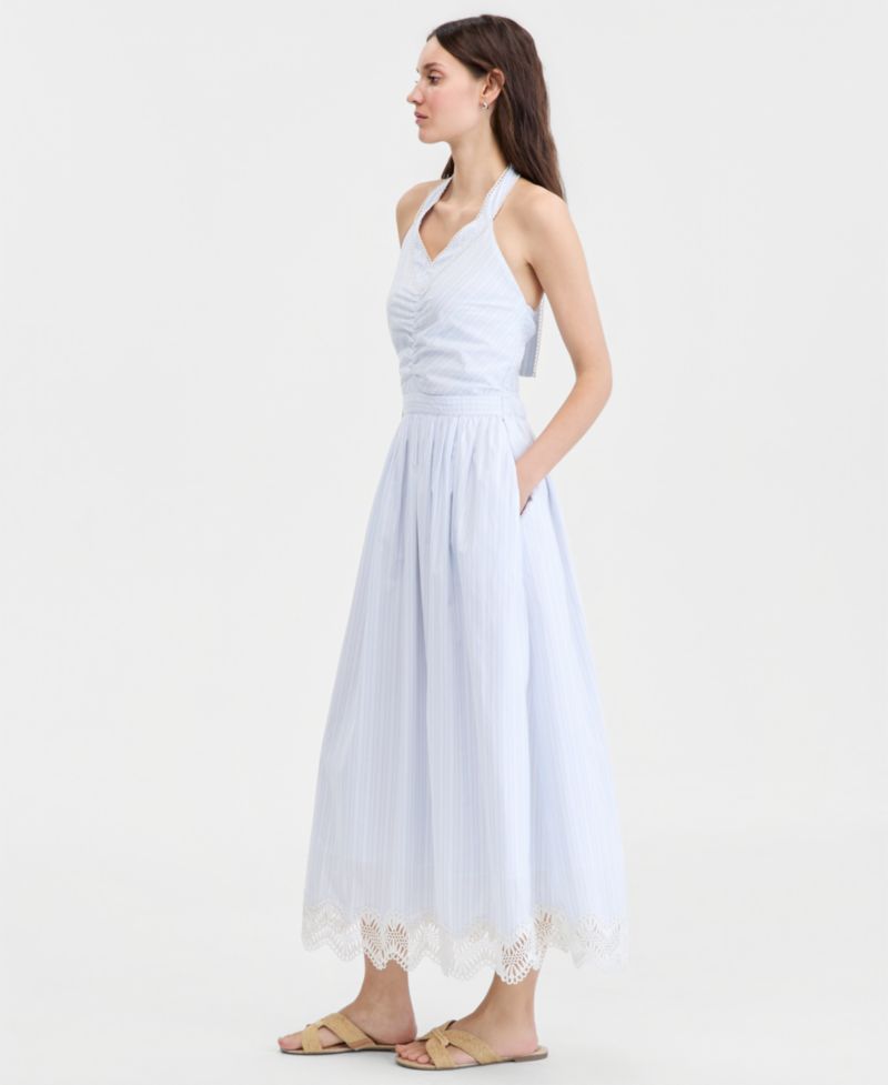 Women's Cotton Maritime Stripe Halter Lace-Trim Midi Dress