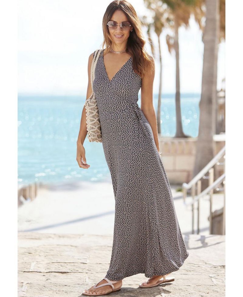Women's Viscose Printed Look Column V-Neck Maxi Dress