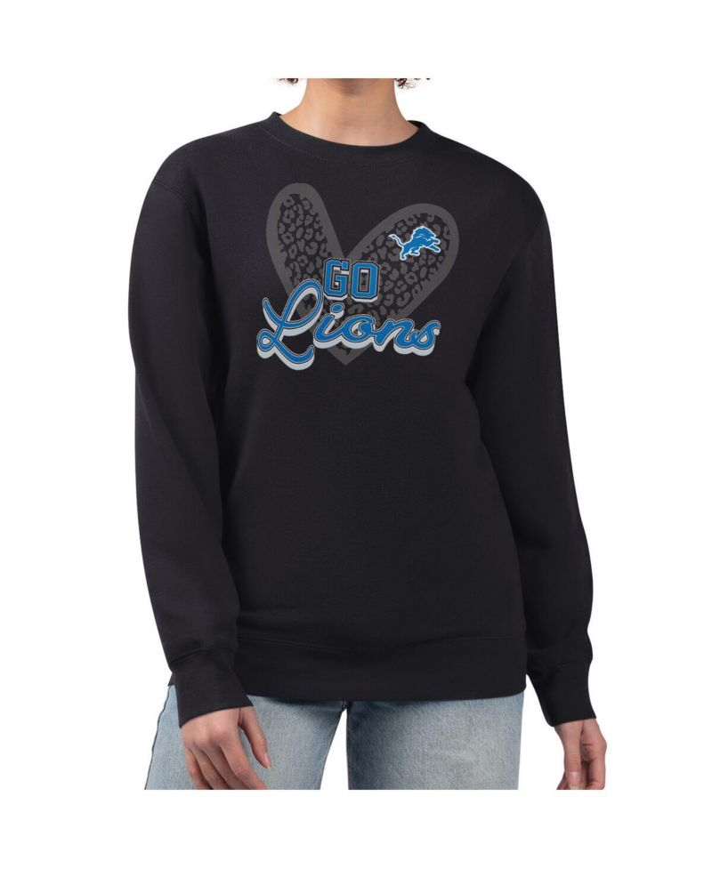 Women's Black Detroit Lions Leopard Heart Pullover Sweatshirt
