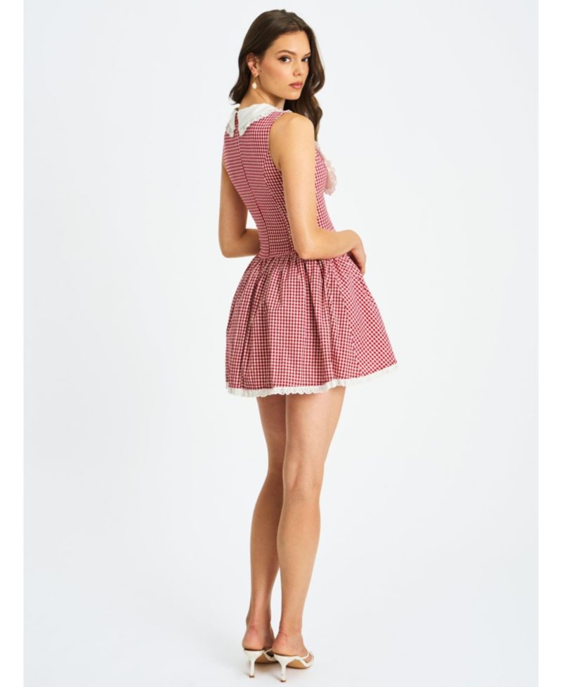 Women's Nala Red Gingham Eyelet Lace Trim Peterpan Collar Mini Dress