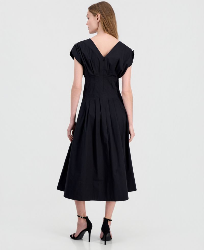 Petite Pleated-Waist V-Neck Midi Dress