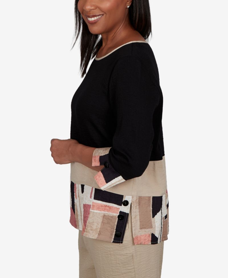Petite Travel Advisory Patchwork 3/4-Sleeve Woven Blouse