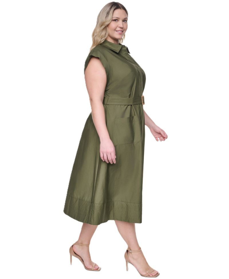 Plus Size Trapunto Stitch Short-Sleeve Belted Midi Shirt-Dress