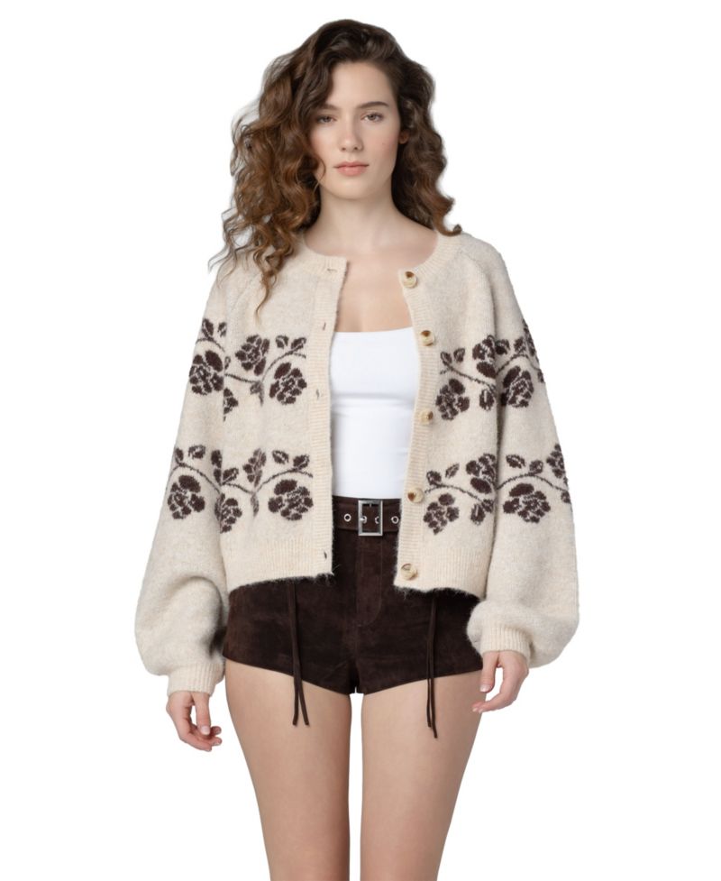 Women's Floral-Print Scoop Neck Cardigan