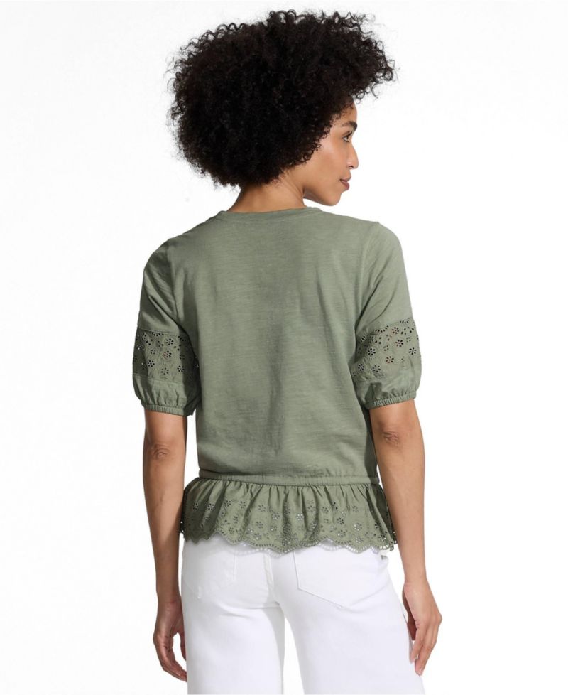 Women's Elbow Sleeve Slub Lace Trim Adjustable Hem Top