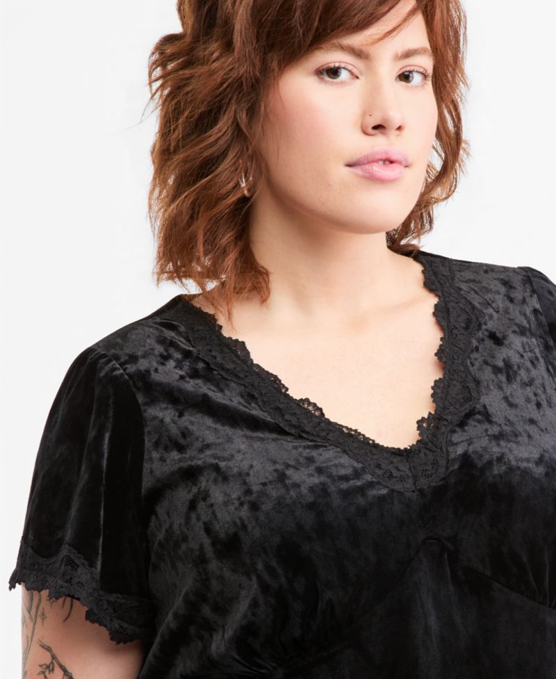 Plus Size Velvet Lace-Trim V-Neck Blouse