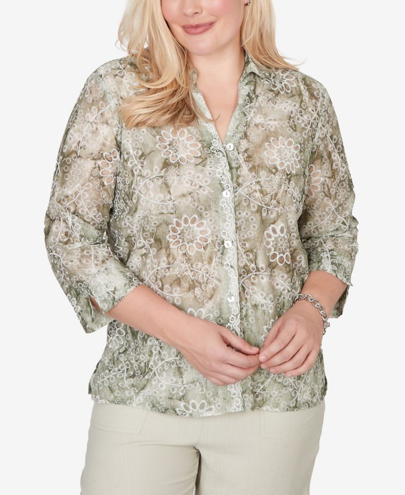 Petite Vintage-Inspired Charm Tie Dye Monotone Floral Button-Front Top