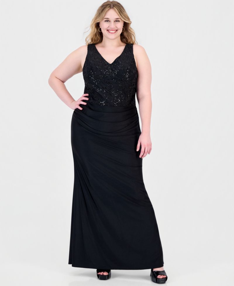 Plus Size Sleeveless V-Neck Sequin Gown