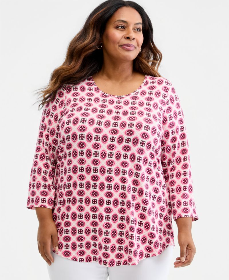 Petite Aria Tile Geometric-Print 3/4-Sleeve Scoop Neck T-Shirt