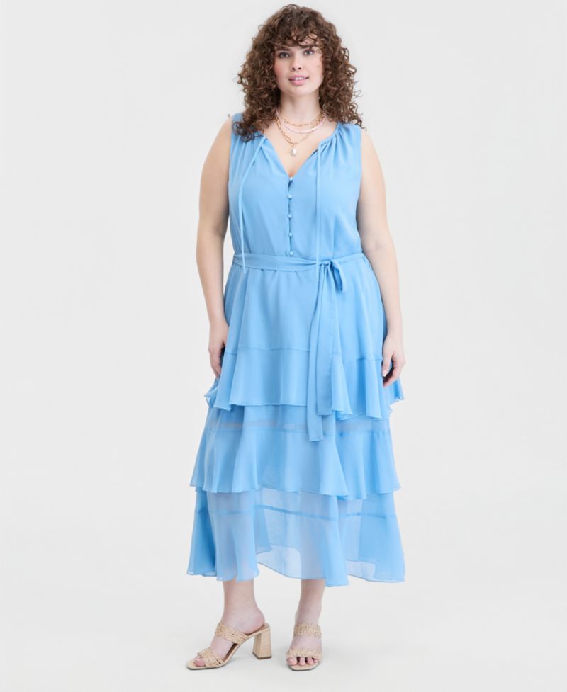 Trendy Plus Size Tiered Tie-Belt Maxi Dress